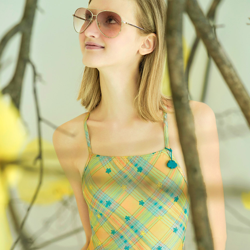 HOOG Emboss High V-Back Swimsuit Canary Check [WHT2522 Women's ] 디테일