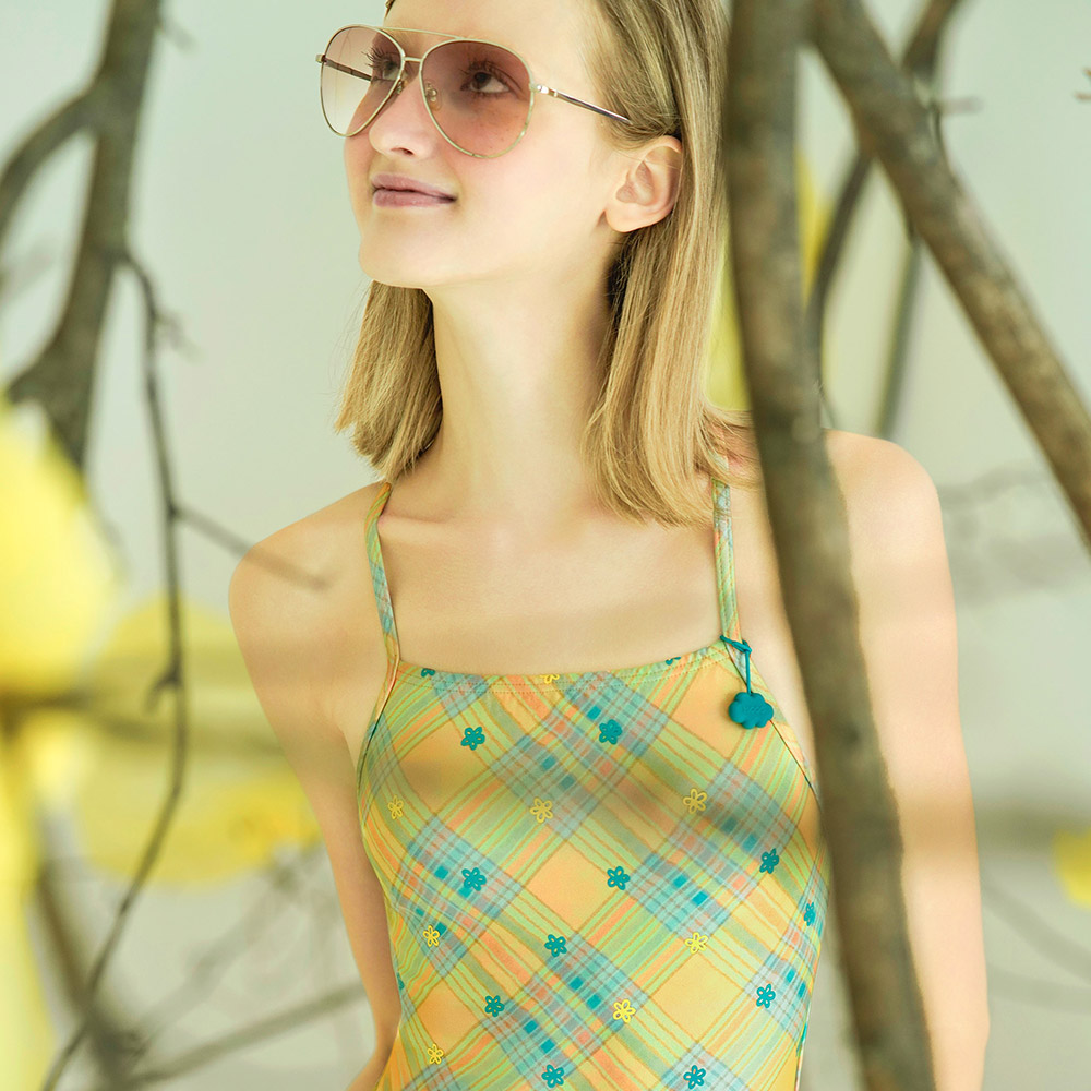 HOOG Emboss Mid Cross Tie Back Swimsuit Canary Check [WST2534 Women's ] 디테일