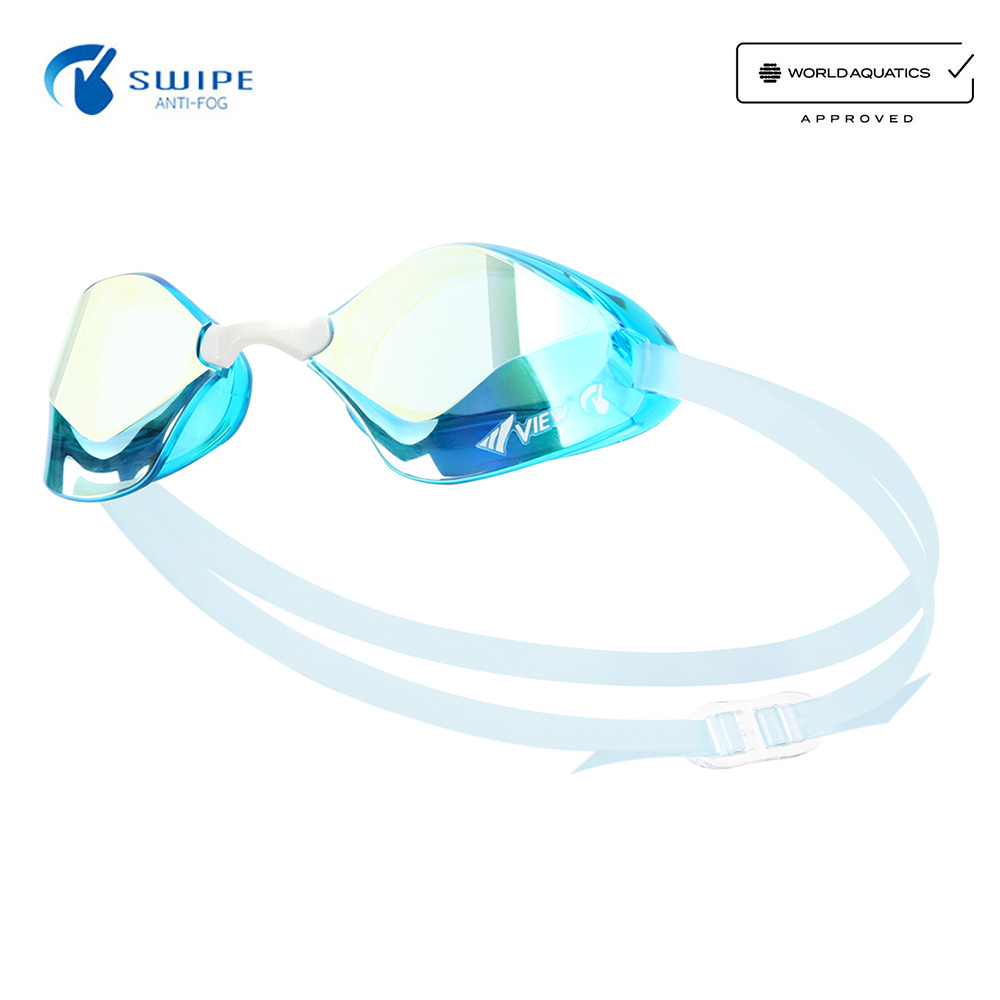 VIEW BladeF Swipe Antifog Mirrored Non-Cushioned Goggles Marine Blue Yellow [V122SAM(AMY) World Aquatics Approved] 상품컷