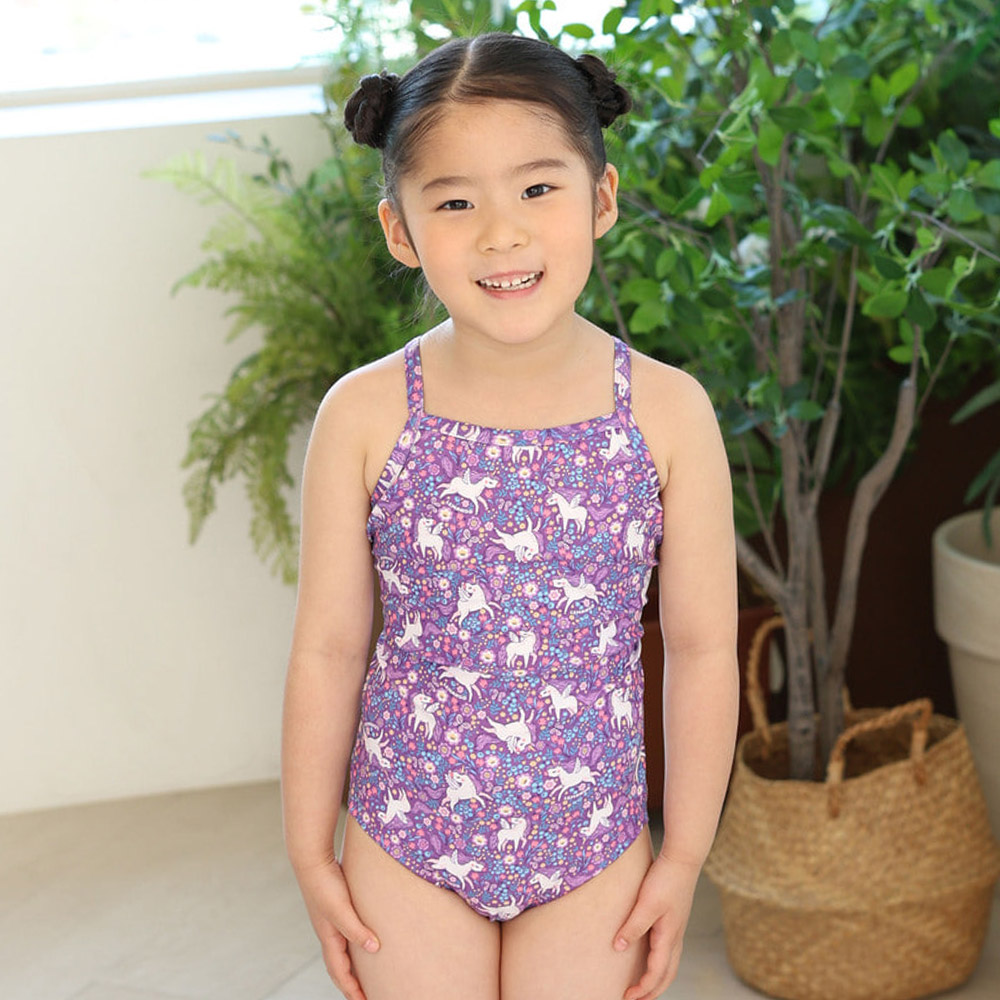 LEMANGO Kids Magic Unicorn Garden Open Back Swimsuit Purple [LSGON10006745 Girls' Swimwear] 상품컷
