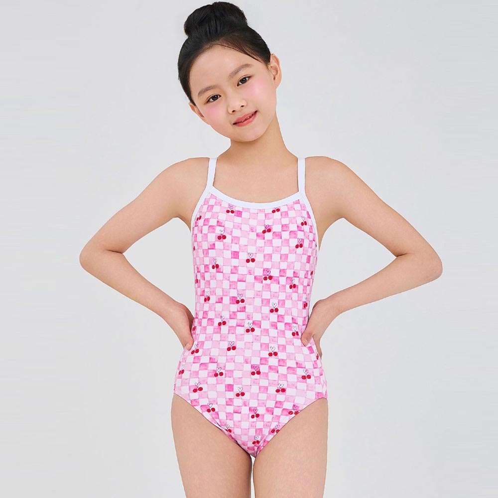 RALLY Kids Check Cherry Strap V-Back Swimsuit Training pink [RSGA472 Girls' Swimwear] 상품컷