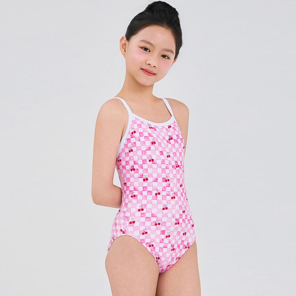 RALLY Kids Check Cherry Strap V-Back Swimsuit Training pink [RSGA472 Girls' Swimwear] 디테일
