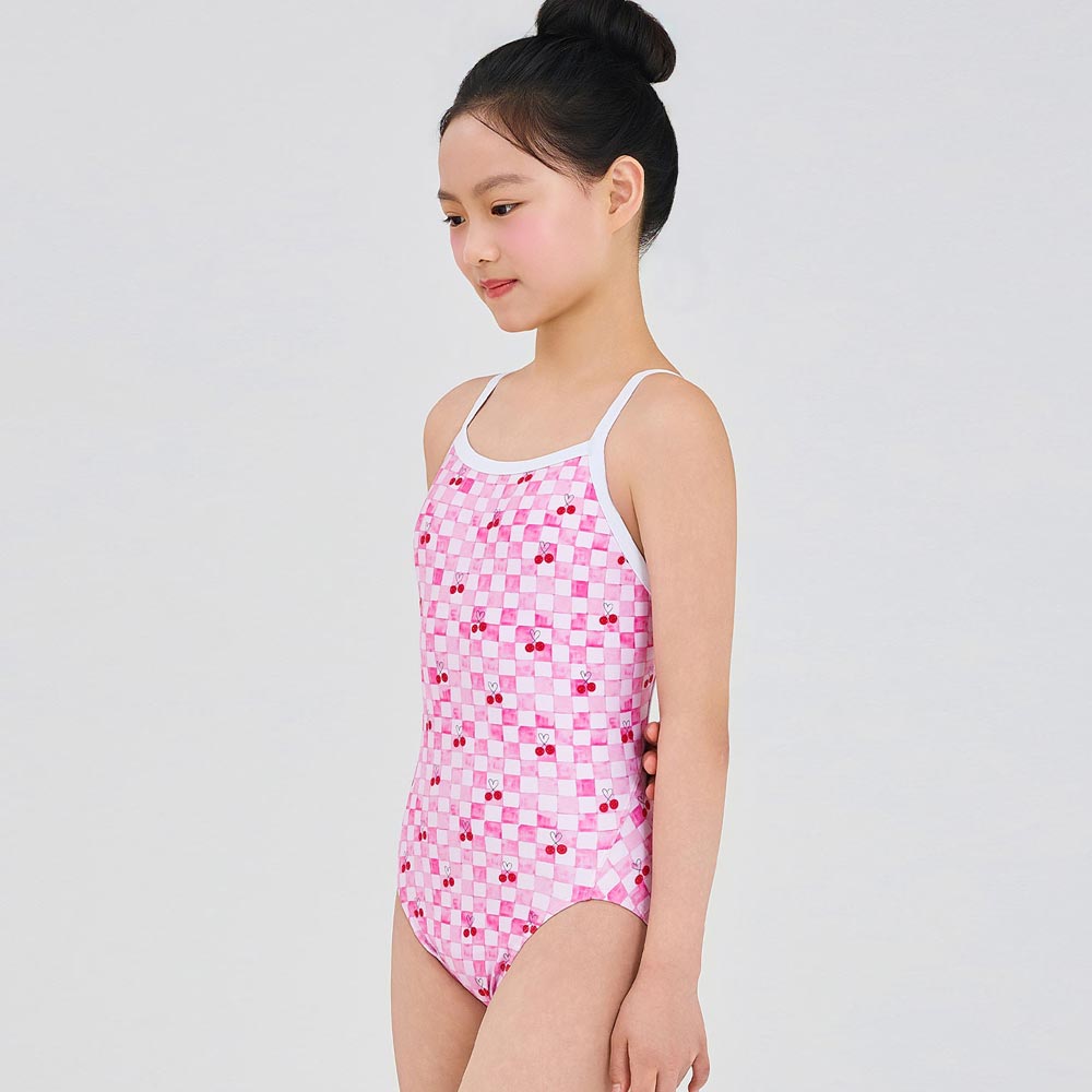 RALLY Kids Check Cherry Strap V-Back Swimsuit Training pink [RSGA472 Girls' Swimwear] 디테일