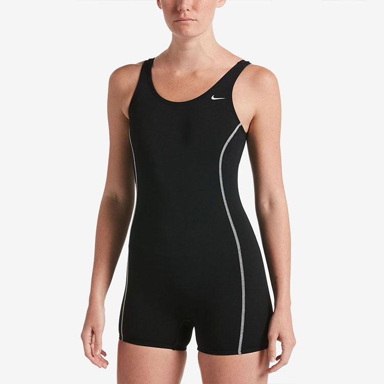 NIKE SWIM Women's Poly Solid U Back Legsuit Swimsuit Black [NESS7068-001 Embroidery Logo ]