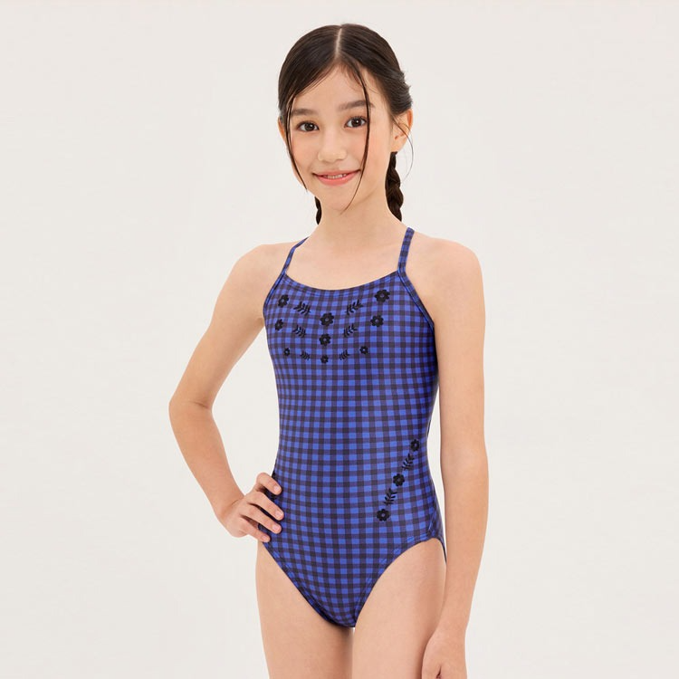 HOOG キッズ Perfume Double Strap X-バック水着 コバルトギンガム [GXA429 ガールズ トレーニング] 상품컷