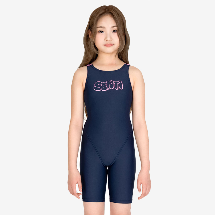 SENTI Kids Essential Basic Bubble Kneesuit Swimsuit Navy Pink [WJDT-B102 Girl's Swimsuit] 디테일