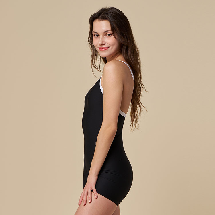 RALLY Women's Simple Solid V-Back Legsuit Swimsuit Black [OSLH615] 디테일
