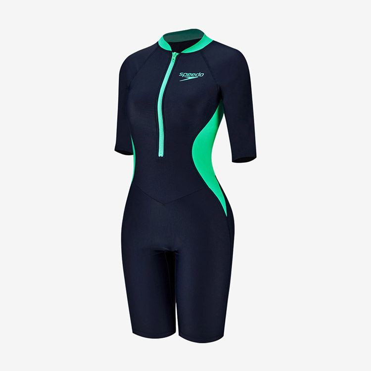 SPEEDO レディース Zipper Front ハイネック ハーフスーツ水着 ネイビー グリーン Asianfit [8-00325215760]