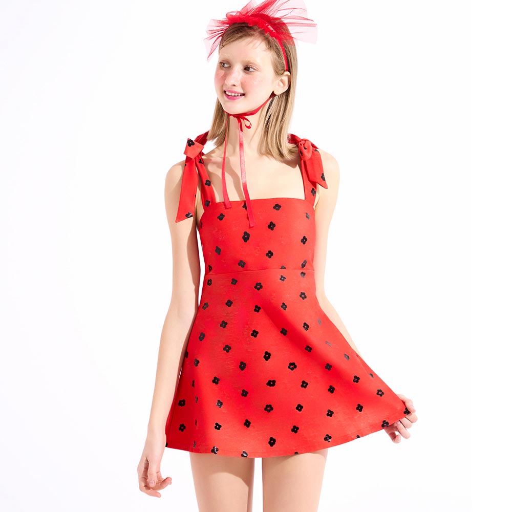 HOOG Emboss Funnyside One Piece Red Black Flower [AWO0047 Women's Beachwear] 상품컷