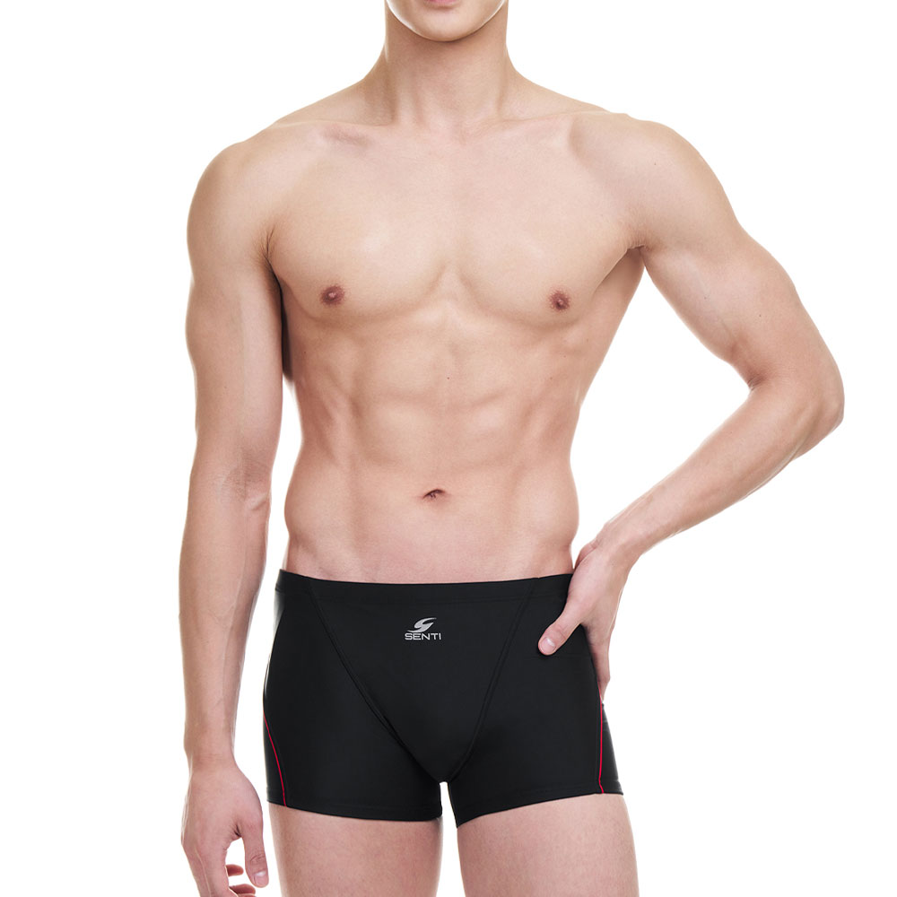 SENTI Men's Modern Basic Square Leg Swimsuit Black Red [MSB-21B603 (BK/RD)]]