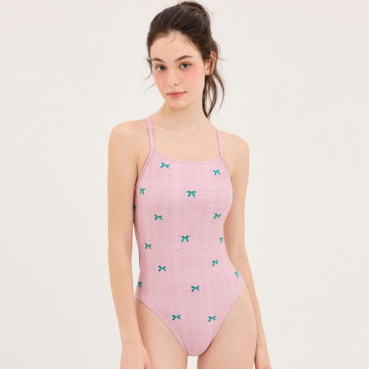 HOOG Women's Perfume High Cross Tie Back Swimsuit Pink Sweater [WHA2228 Bathing Suit]