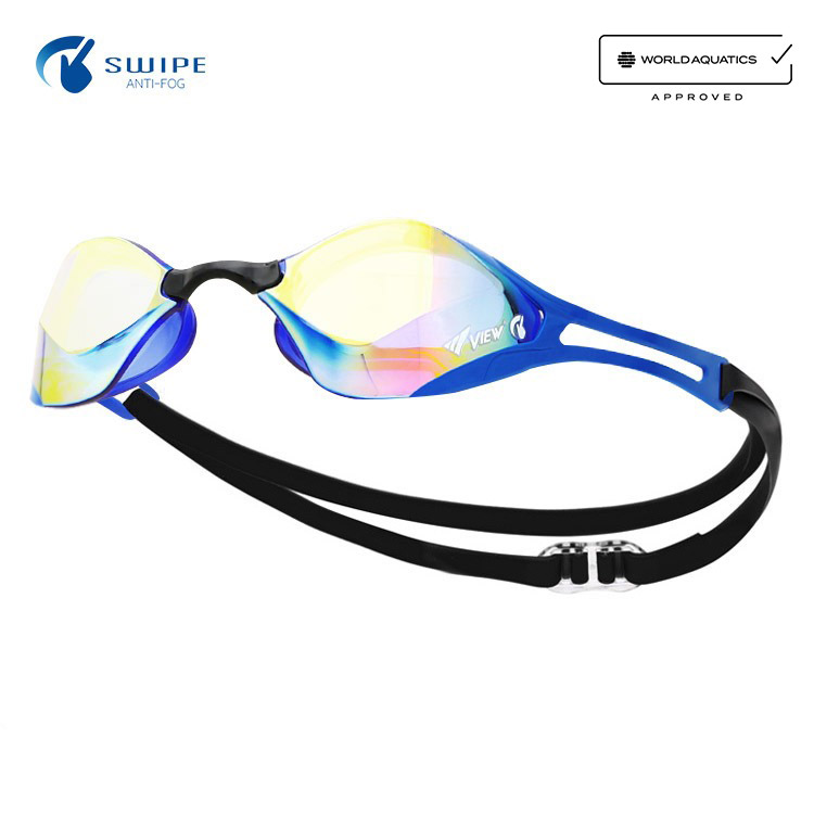VIEW BladeF Zero Swipe Antifog Mirrored Non-Cushioned Goggles Yellow Black [V128SAM (CBO) World Aquatics Approved]