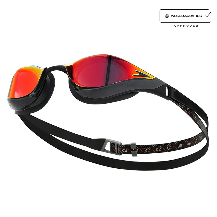 SPEEDO Pure Focus Mirrored Goggles Noble Black Red Asian Fit [8-11779A260 World Aquatics Approved] 상품컷