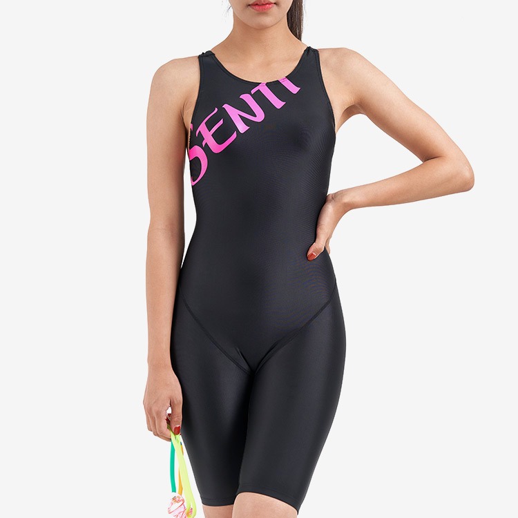 SENTI Women's Modern Basic Racer Back Kneesuit Swimsuit Black Pink [WSTP-21B104(BK/PK)]