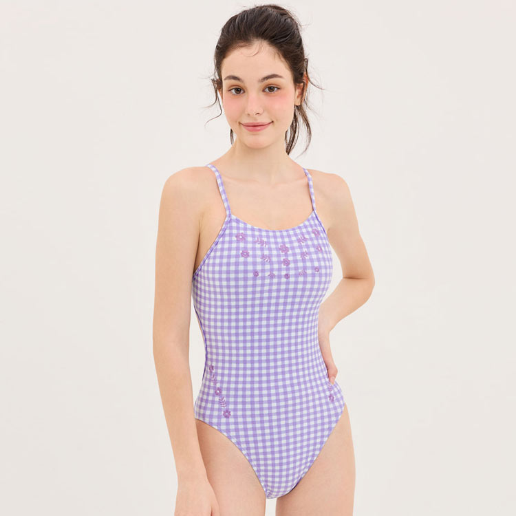 HOOG Women's Perfume High V-Back Swimsuit Lavender Gingham [WHA2229 Bathing Suit] 디테일