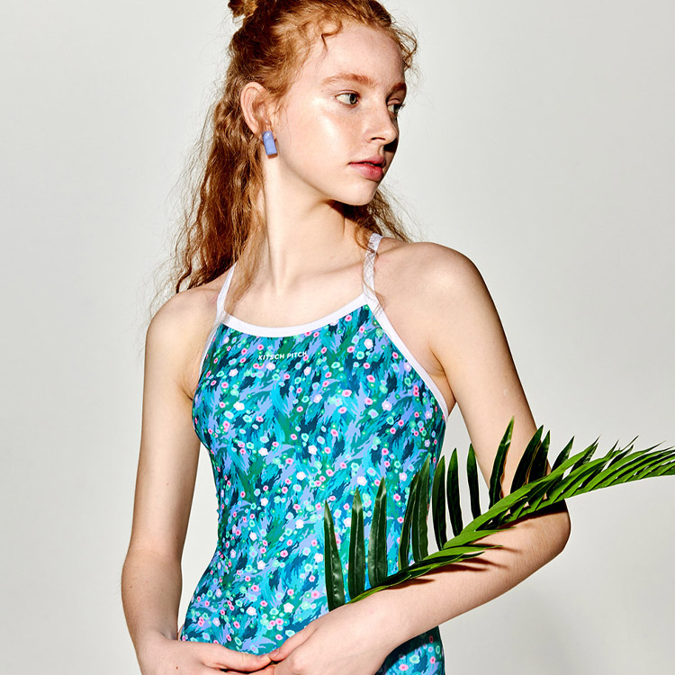 KITSCH PITCH Women's Floral Party Mid Summer Cross Back Swimsuit Green [KPB1WS003] 디테일