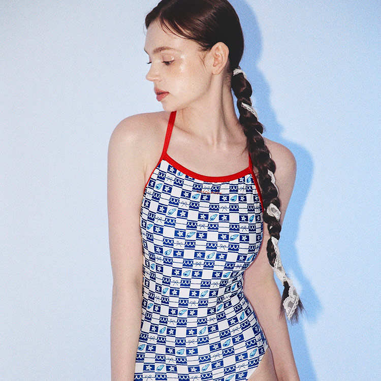 KITSCH PITCH Lamer Blue Tie Cross Back Swimsuit Dark Blue [KF2LST007 Women's] 디테일
