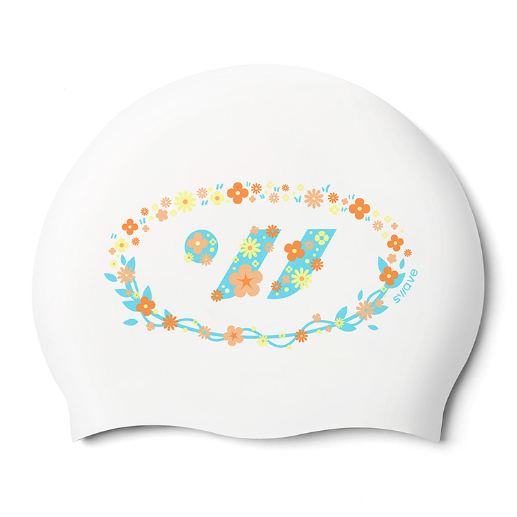 Floral Swave Silicone Swim Cap White