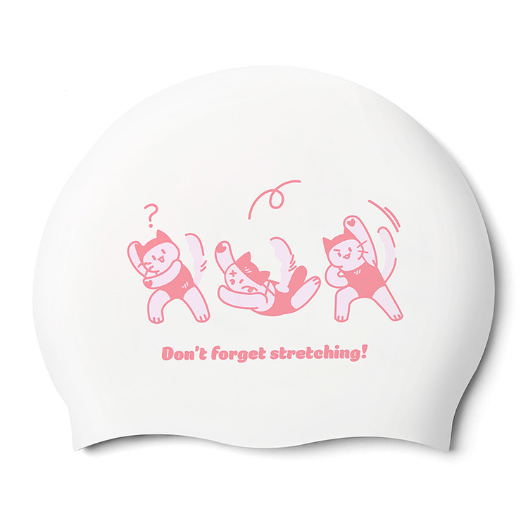 Stretching Cat Silicone Swim Cap White