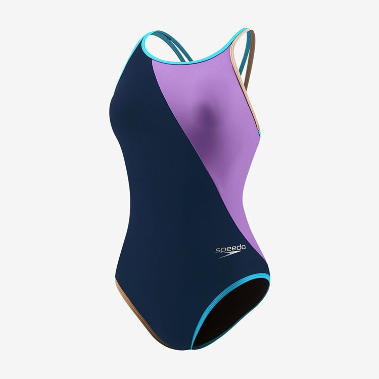 SPEEDO Women's Endurance Funpiece Crochet Turns CrossBack Swimsuit Navy Lilac [STW02303 (NL)] 상품컷