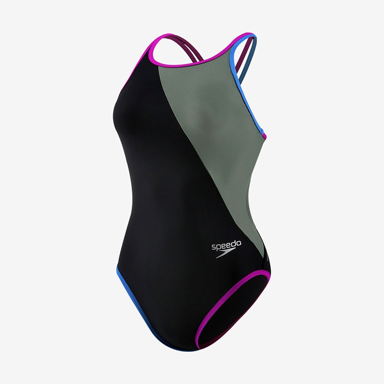 SPEEDO Women's Endurance Funpiece Crochet Turns Cross Back Swimsuit Black Green [STW02303 KG ]