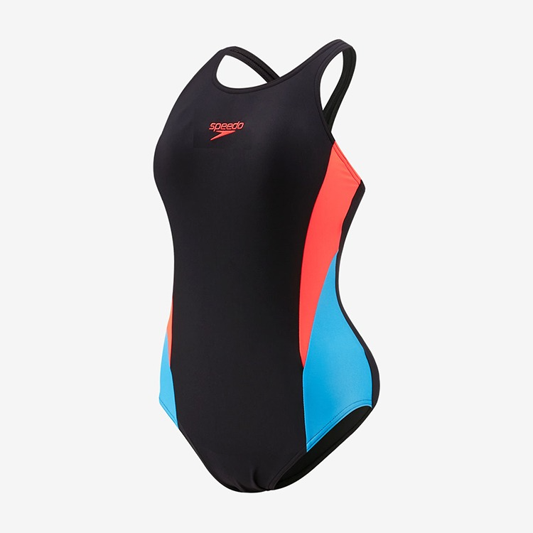 SPEEDO Women's Color Block Splice Muscle Back Swimsuit Black Orange Asian Fit [8-00449517558 Bathing Suit]