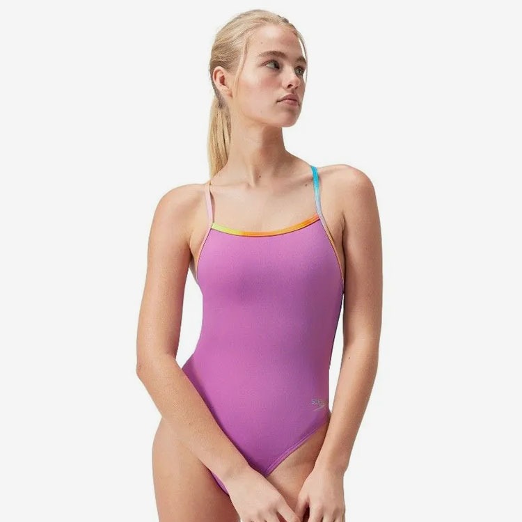 SPEEDO Women's Eco Endurance Solid V-Back Swimsuit Purple [8-00317917207 Bathing Suit]
