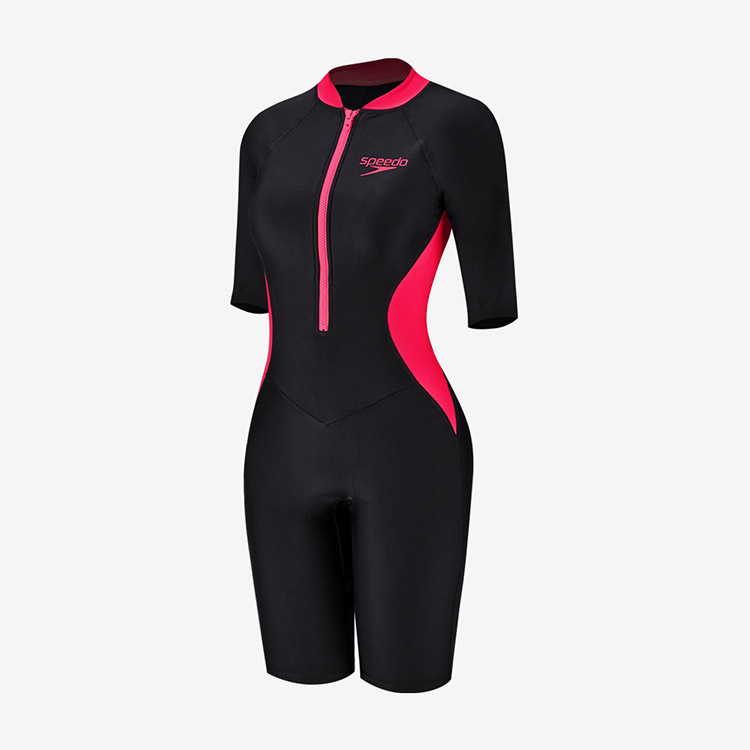 SPEEDO Women's Zipper Front High Neck Suit Kneesuit Swimsuit Black Pink Asianfit [8-00325215477] 상품컷