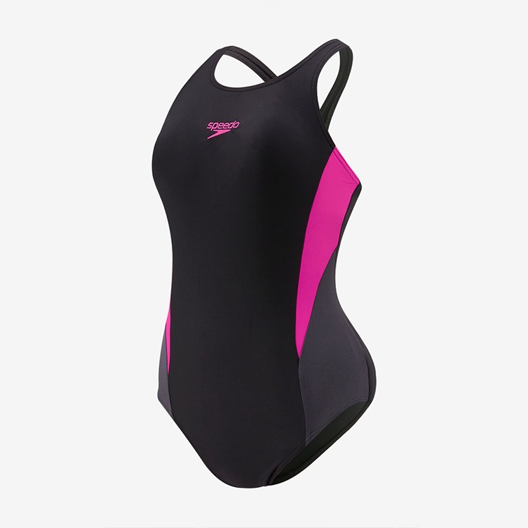 SPEEDO Women's Color Block Splice Muscle Back Swimsuit Black Pink Asian Fit [8-00449517559 Bathing Suit]