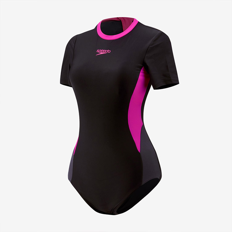 SPEEDO Women's Color Block Splice High Neck Closed Back Swimsuit Black Pink Asian fit [8-00448917559 Bathing Suit] 상품컷