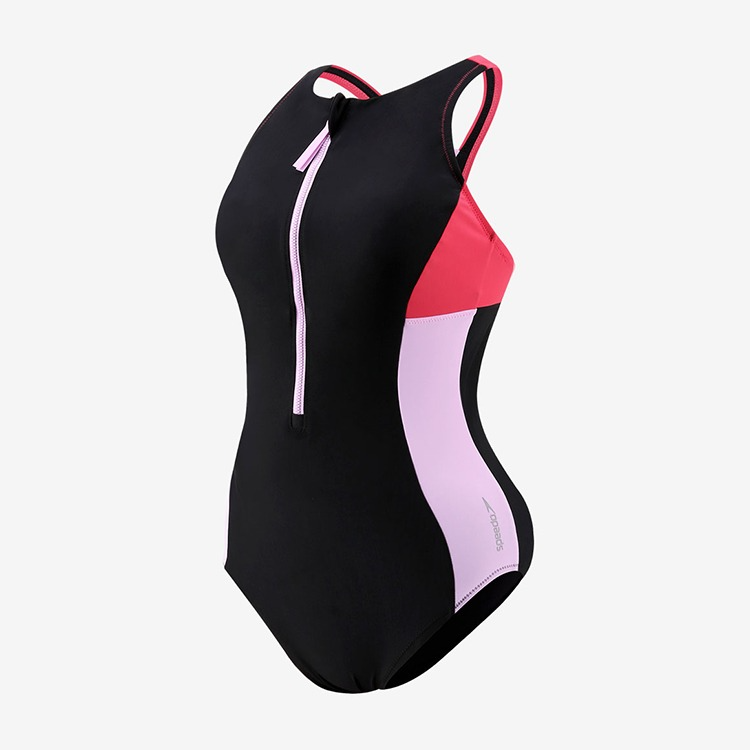 SPEEDO Women's Zipper Color Block High Neck Racer Back Swimsuit Red Asianfit [8-00442110050]