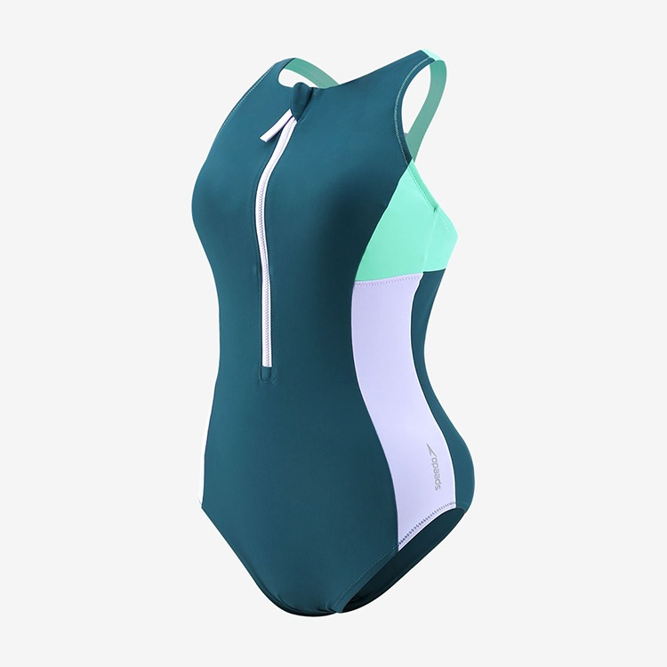 SPEEDO Women's Zipper Color Block High Neck Racer Back Swimsuit Blue Asianfit [8-00442110649] 상품컷